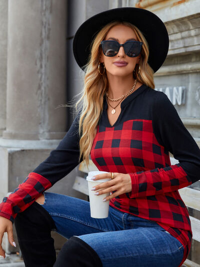 Plaid Notched Long Sleeve T-Shirt Trendsi