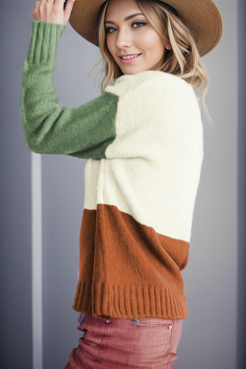 Color Block Round Neck Long Sleeve Sweater BLUE ZONE PLANET