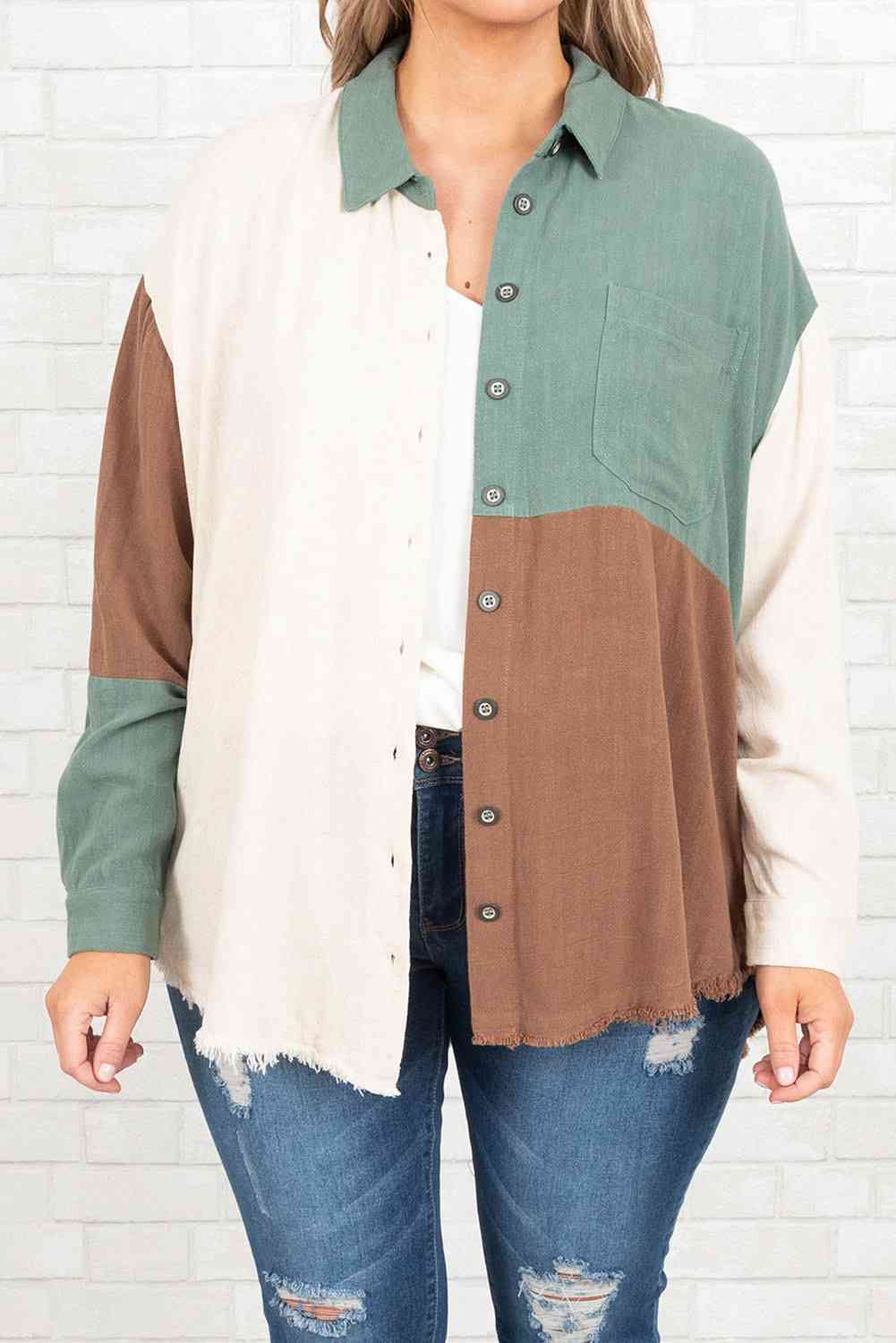 Plus Size Collared Neck Color Block Raw Hem Shirt BLUE ZONE PLANET