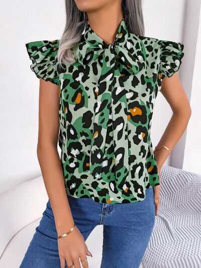 Leopard Tie Neck Cap Sleeve Blouse BLUE ZONE PLANET