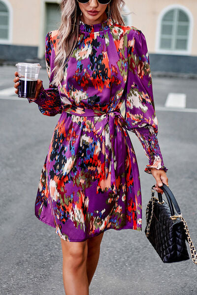 Printed Tie Waist Mock Neck Lantern Sleeve Dress-TOPS / DRESSES-[Adult]-[Female]-Purple-S-2022 Online Blue Zone Planet