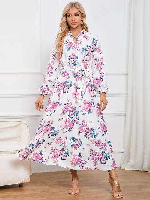 Floral Tie Front Balloon Sleeve Dress BLUE ZONE PLANET