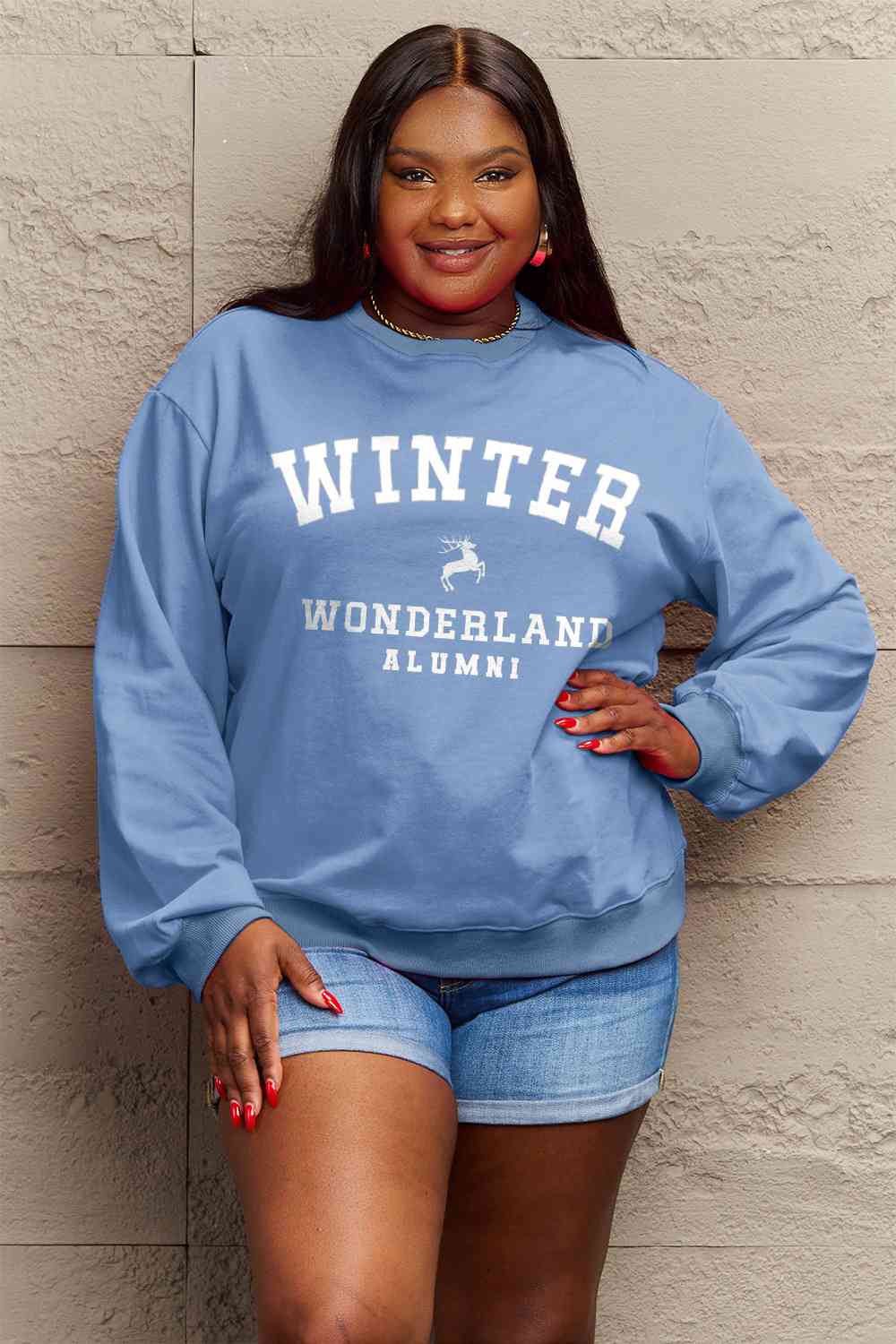 Simply Love Full Size WINTER WONDERLAND ALUMNI Graphic Long Sleeve Sweatshirt BLUE ZONE PLANET