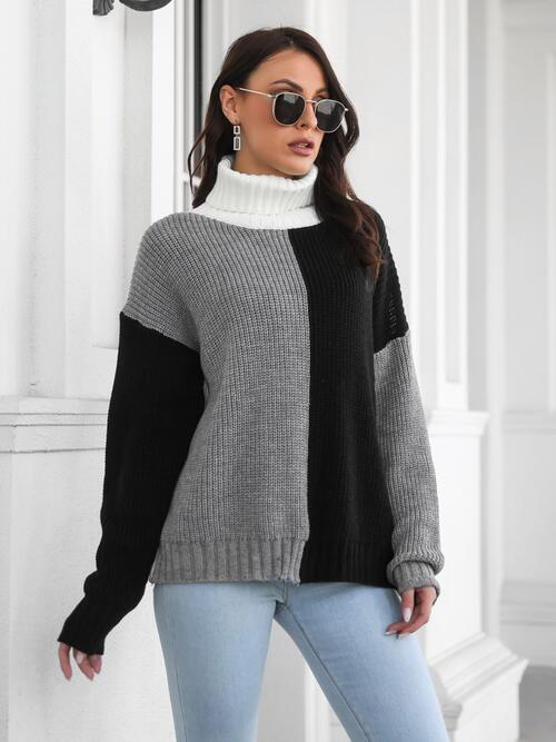 Contrast Turtleneck Long Sleeve Sweater BLUE ZONE PLANET