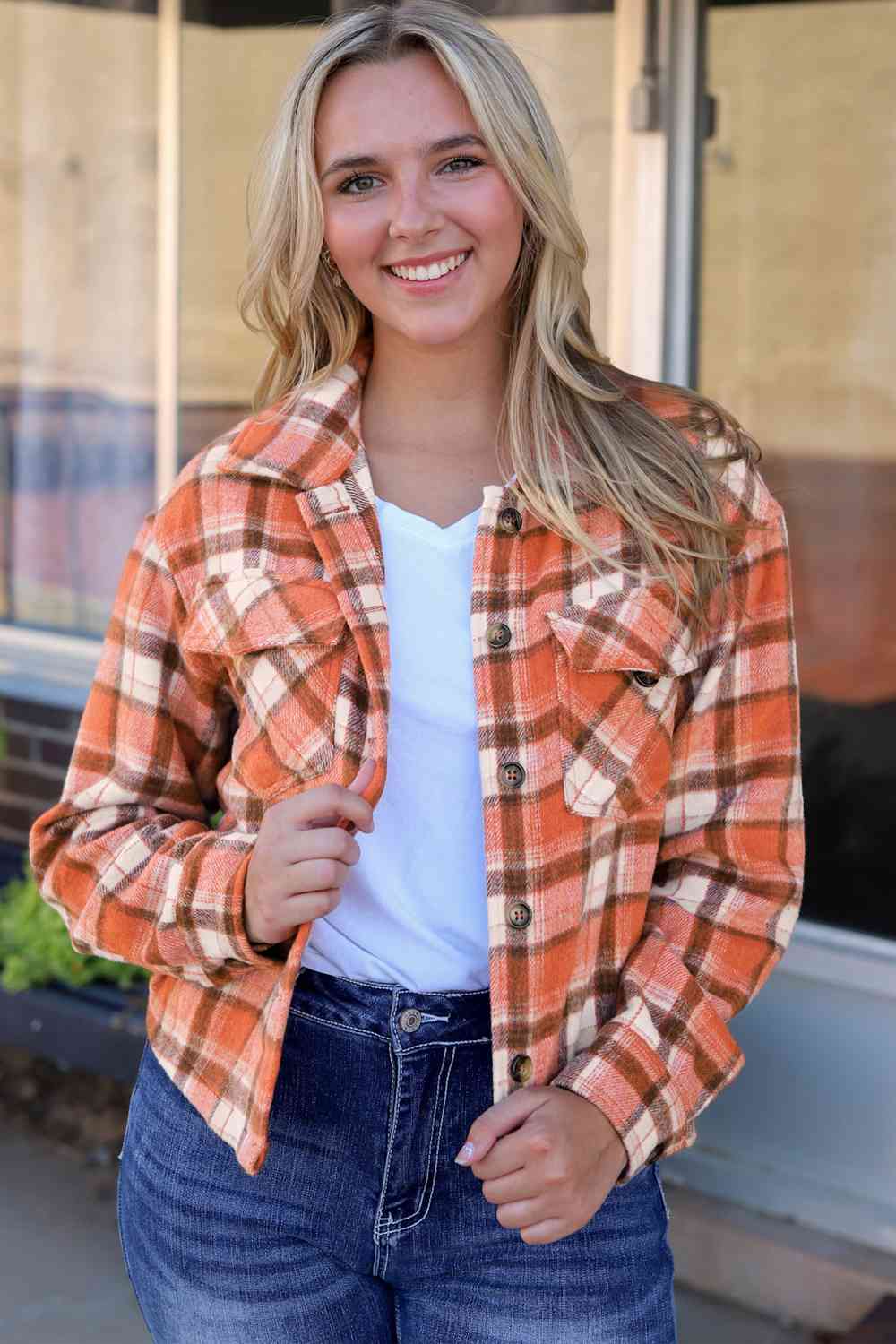 Plaid Collared Neck Button Down Jacket BLUE ZONE PLANET