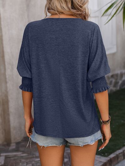 Heathered Notched Lantern Sleeve Blouse Trendsi