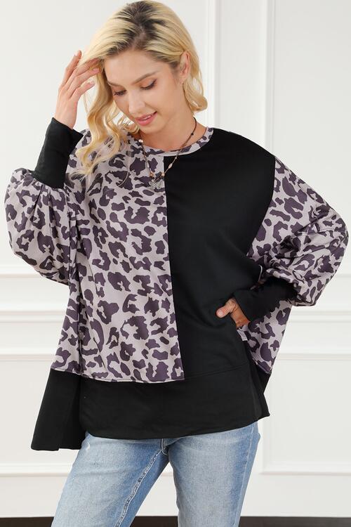 Leopard Round Neck Lantern Sleeve Slit Sweatshirt BLUE ZONE PLANET