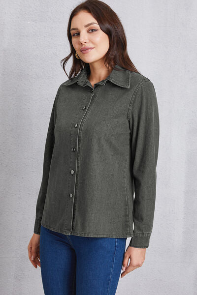 Collared Neck Button Up Denim Top Trendsi