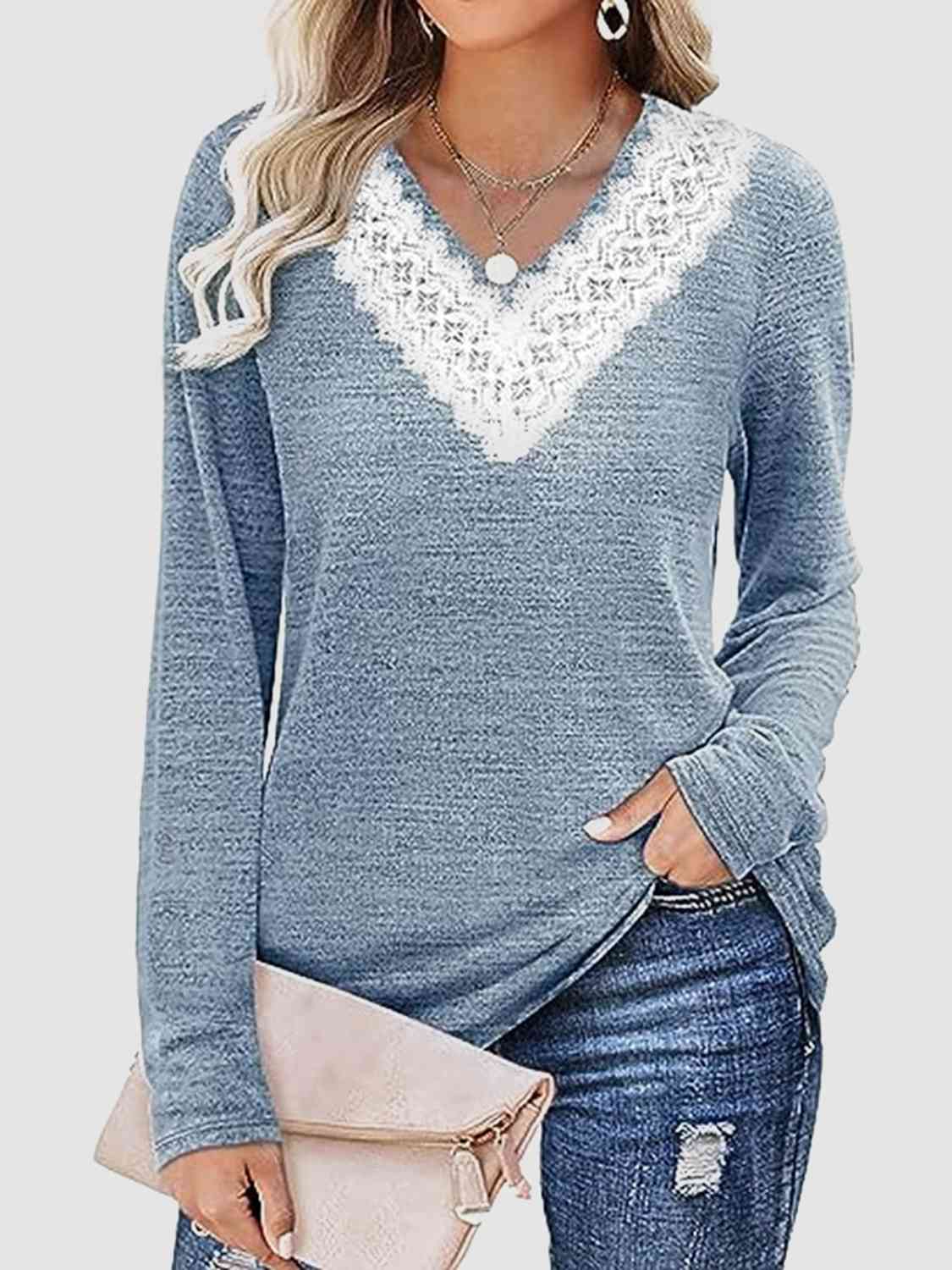 Lace Detail V-Neck Long Sleeve Top BLUE ZONE PLANET