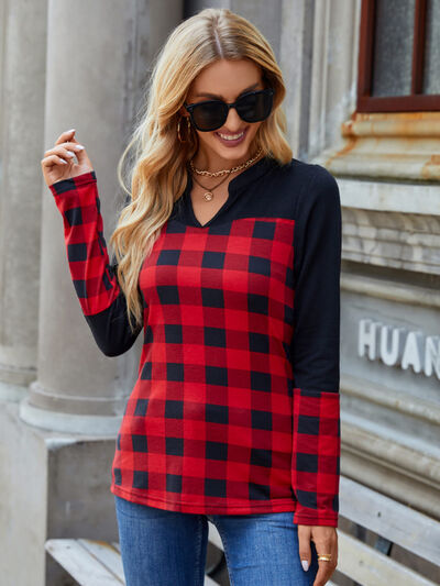 Plaid Notched Long Sleeve T-Shirt Trendsi