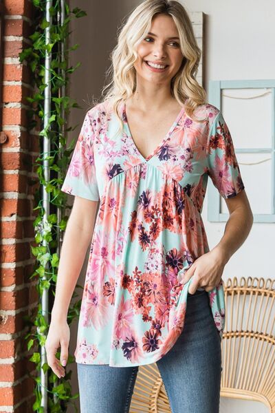 Heimish Full Size Floral V-Neck Short Sleeve Babydoll Blouse BLUE ZONE PLANET