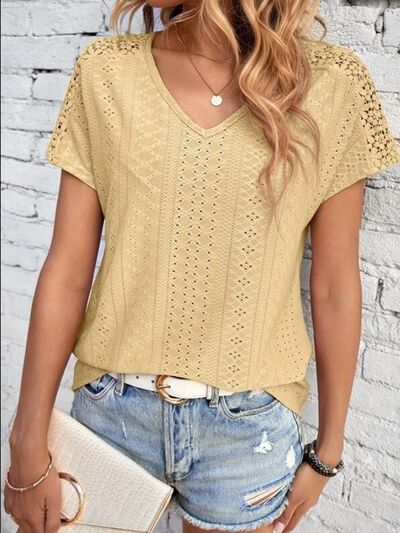 Eyelet V-Neck Short Sleeve T-Shirt Trendsi