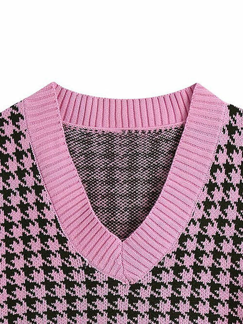 Houndstooth V-Neck Sweater Vet BLUE ZONE PLANET