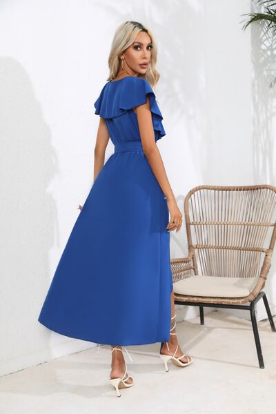 Blue Zone Planet |  Ruffled Tied V-Neck Midi Dress BLUE ZONE PLANET