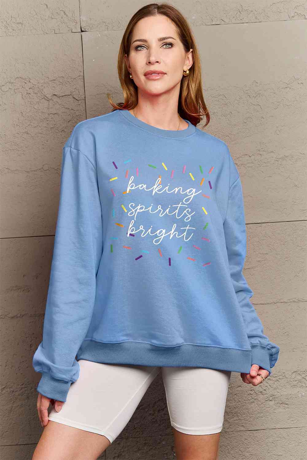 Simply Love Full Size Letter Graphic Round Neck Long Sleeve Sweatshirt BLUE ZONE PLANET