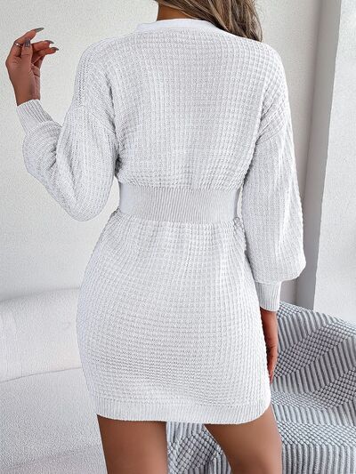 Buttoned Cable-Knit V-Neck Sweater Dress BLUE ZONE PLANET