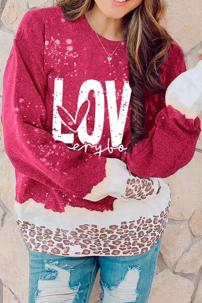 Blue Zone Planet |  LOVE EVERYBODY Leopard Round Neck Sweatshirt BLUE ZONE PLANET