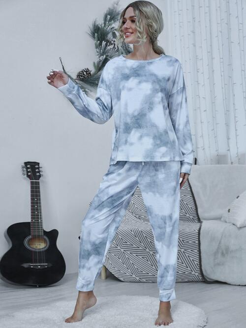 Tie-dye Round Neck Top and Drawstring Pants Lounge Set BLUE ZONE PLANET