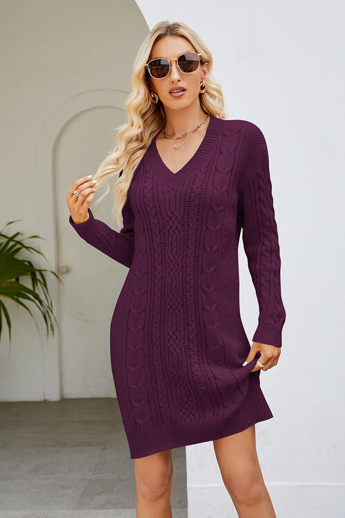 Cable-Knit Long Sleeve Sweater Dress BLUE ZONE PLANET