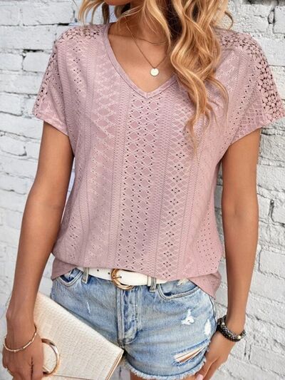 Eyelet V-Neck Short Sleeve T-Shirt Trendsi