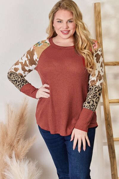 Hailey & Co Full Size Leopard Waffle-Knit Blouse Trendsi