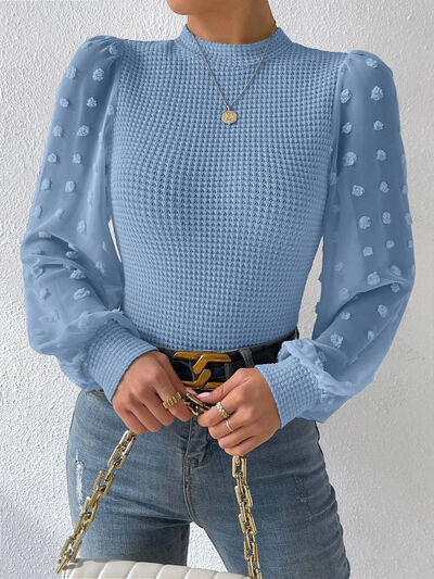 Swiss Dot Waffle-Knit Lantern Sleeve T-Shirt Trendsi