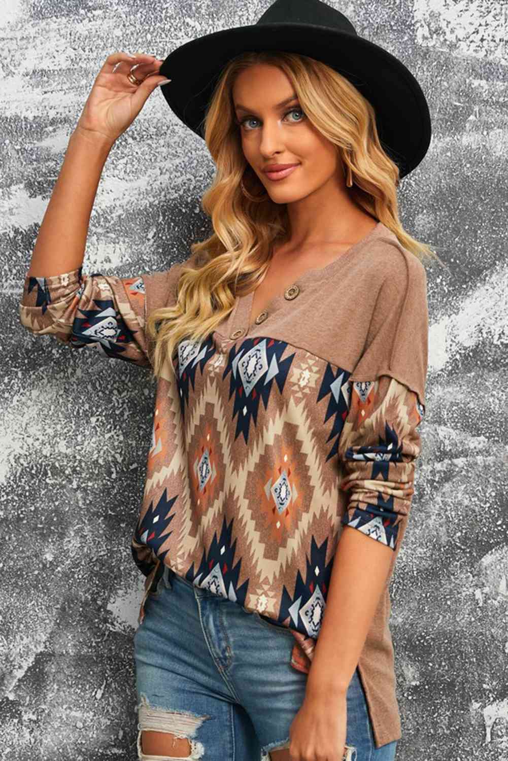 Brown Western Print Buttoned V Neck Top BLUE ZONE PLANET