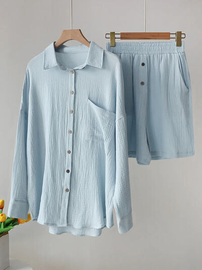 Button Up Dropped Shoulder Top and Shorts Set-TOPS / DRESSES-[Adult]-[Female]-2022 Online Blue Zone Planet