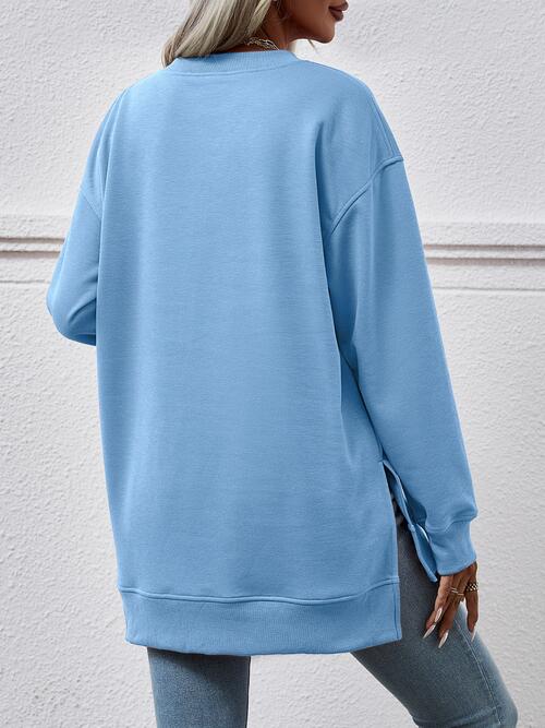 V-Neck Slit Long Sleeve Sweatshirt BLUE ZONE PLANET