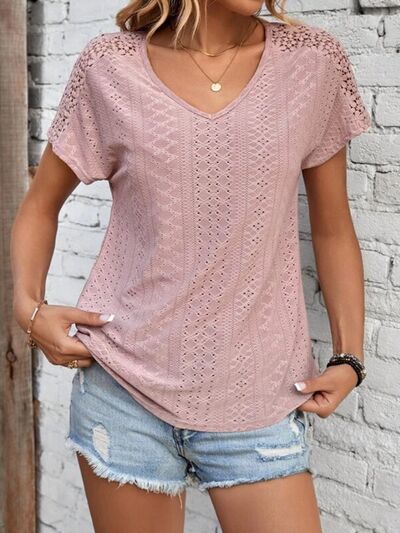 Eyelet V-Neck Short Sleeve T-Shirt Trendsi