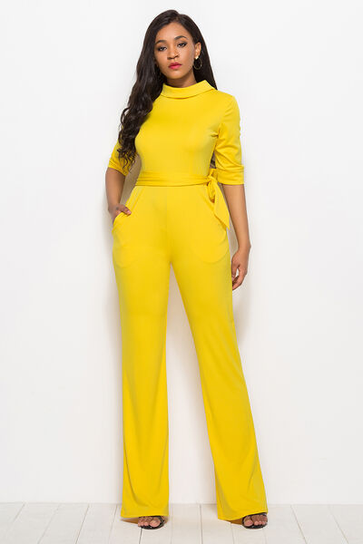 Mock Neck Tie-Waist Half Sleeve Jumpsuit Trendsi