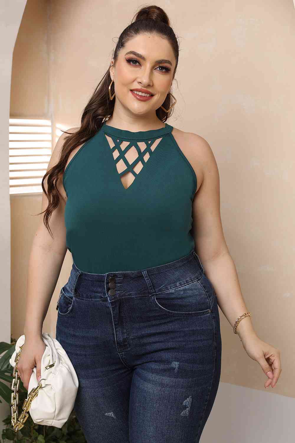 Plus Size Halter Neck Cutout Sleeveless Dress BLUE ZONE PLANET