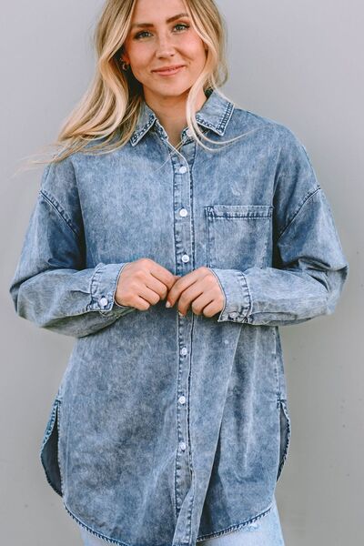 Blue Zone Planet |  Button Up Dropped Shoulder Denim Top BLUE ZONE PLANET