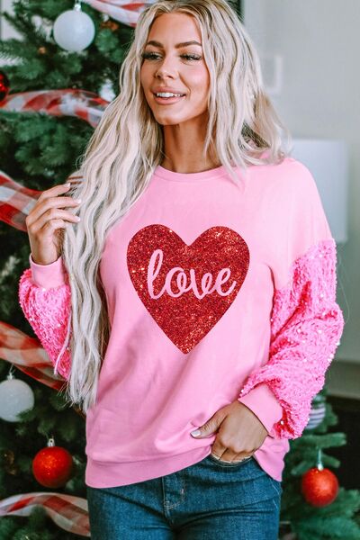 LOVE Heart Sequin Dropped Shoulder Sweatshirt BLUE ZONE PLANET