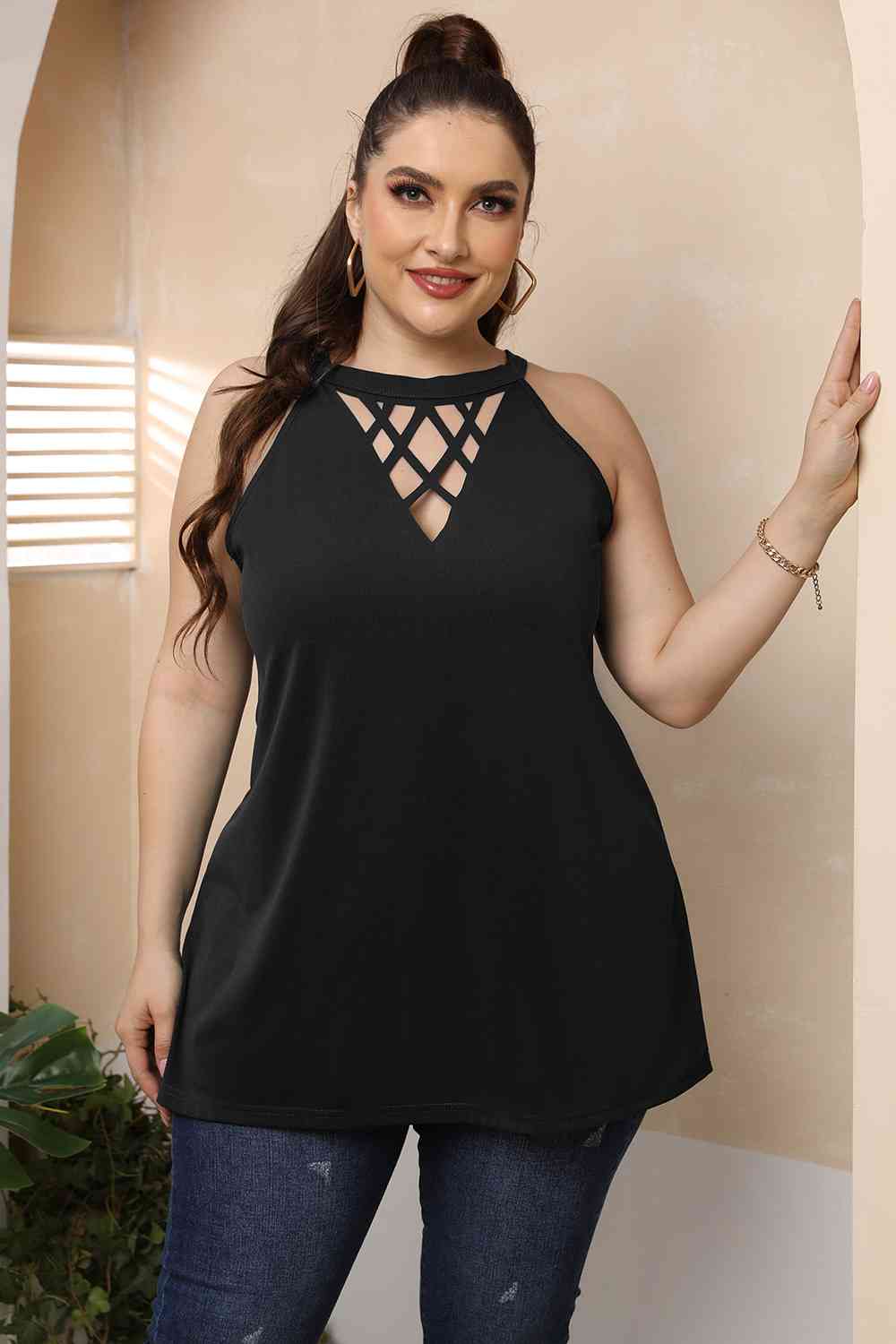 Plus Size Halter Neck Cutout Sleeveless Dress BLUE ZONE PLANET