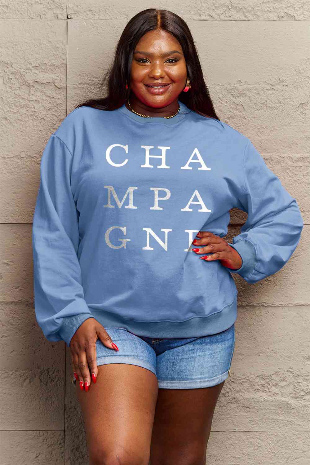 Simply Love Full Size CHAMPAGNE Graphic Long Sleeve Sweatshirt BLUE ZONE PLANET