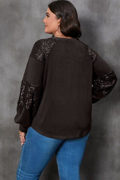 Plus Size Graphic Sequin Long Sleeve Round Neck T-Shirt BLUE ZONE PLANET
