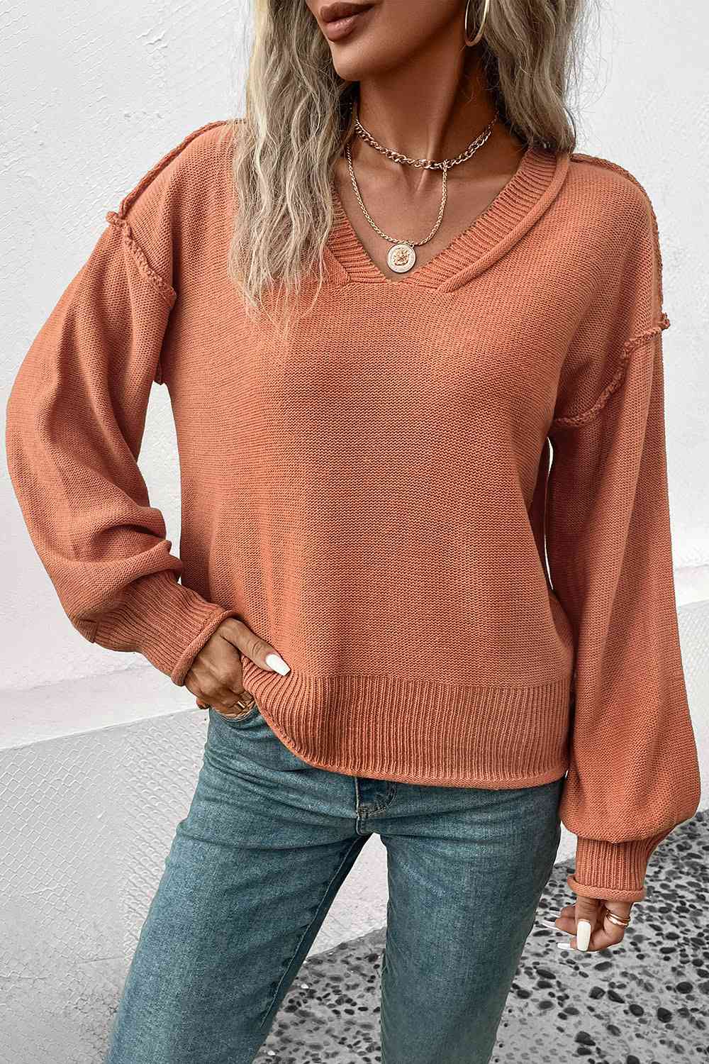 V-Neck Exposed Seam Sweater BLUE ZONE PLANET