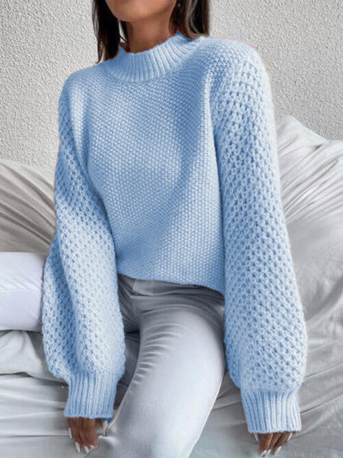 Openwork Mock Neck Long Sleeve Sweater BLUE ZONE PLANET