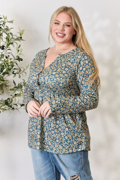 Blue Zone Planet |  Heimish Full Size Floral Half Button Long Sleeve Blouse BLUE ZONE PLANET