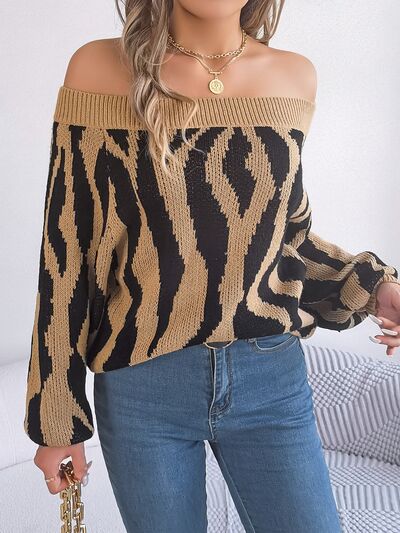 Blue Zone Planet |  Off-Shoulder Animal Print Long Sleeve Sweater BLUE ZONE PLANET