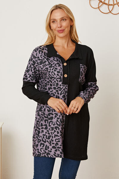 Blue Zone Planet |  Leopard Waffle-Knit Buttoned Long Sleeve Blouse BLUE ZONE PLANET