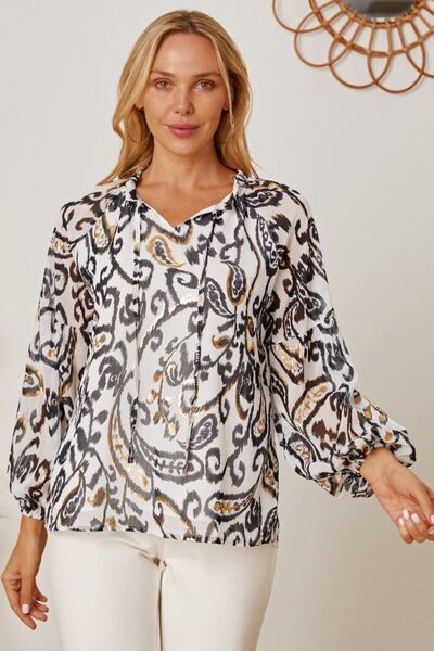 Blue Zone Planet |  Printed Tie Neck Balloon Sleeve Blouse BLUE ZONE PLANET