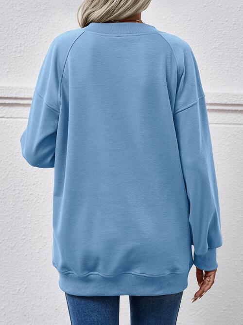 Round Neck Drop Shoulder Long Sleeve Sweatshirt BLUE ZONE PLANET