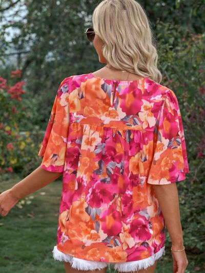 Printed Round Neck Half Sleeve Blouse Trendsi