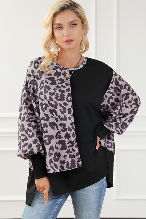 Leopard Round Neck Lantern Sleeve Slit Sweatshirt BLUE ZONE PLANET