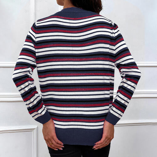 Striped Round Neck Long Sleeve Sweater BLUE ZONE PLANET