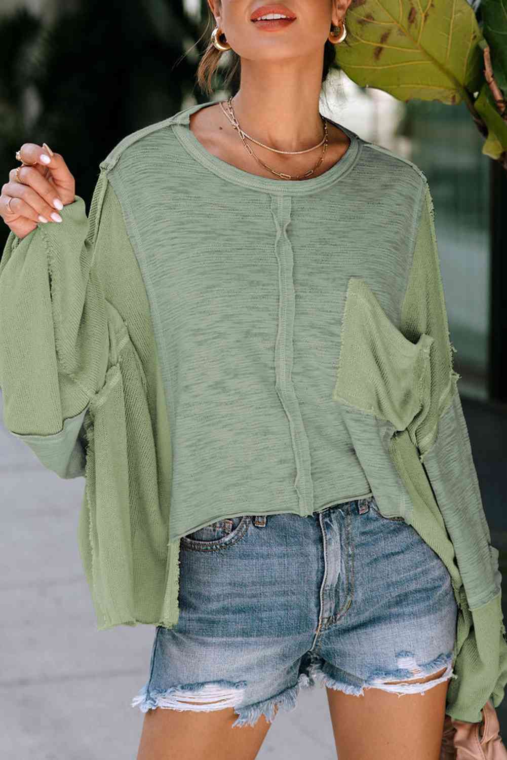 Exposed Seam Round Neck Top with Pocket BLUE ZONE PLANET