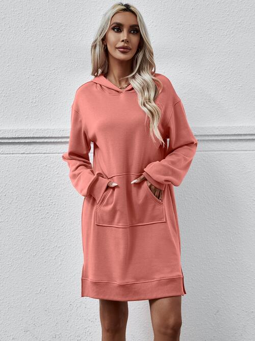 Slit Long Sleeve Hooded Dress with Pocket BLUE ZONE PLANET