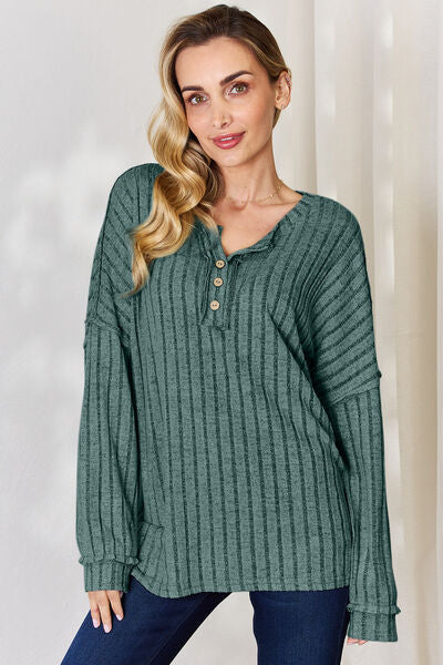 Basic Bae Full Size Ribbed Half Button Long Sleeve T-Shirt-TOPS / DRESSES-[Adult]-[Female]-2022 Online Blue Zone Planet